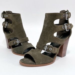 marc fisher | calinda suede heeled caged sandals olive green buckle 7.5